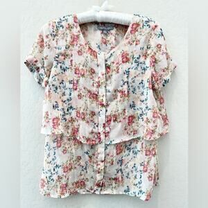 NY COLLECTION White Floral Button Front Ruffle Blouse  Romantic Top | Size Small